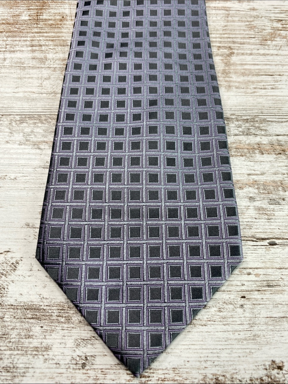 Claiborne Gray Purple Geometric Square Grid Handmade 100% Silk Men's Tie